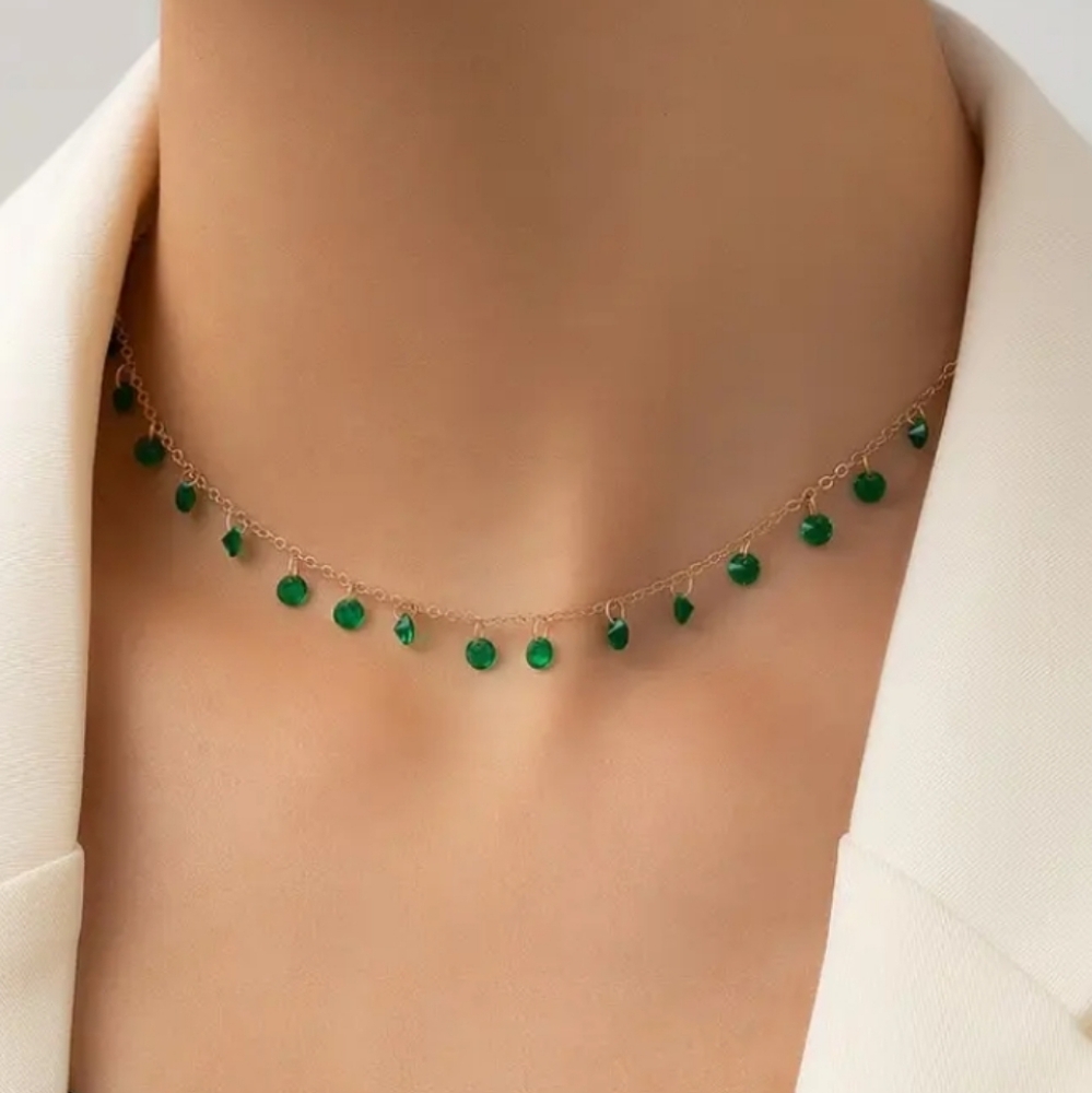 NEW!! 18K Gold Plated Elegant Green Gemstones Dangling Charms Necklace